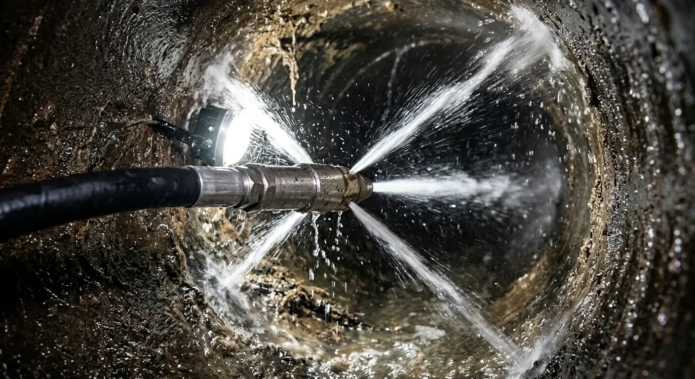 High-pressure hydro jetting nozzle cleaning sewer pipe for Trenchless Sewer Repair in Hopewell