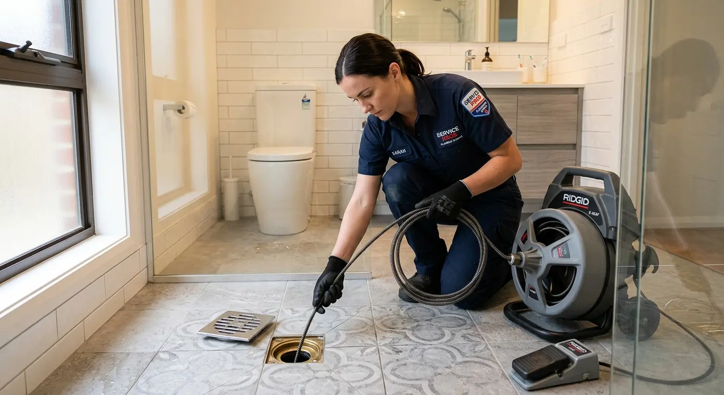 Technician clearing a bathroom floor drain for Sewer Line Replacement in Hopewell